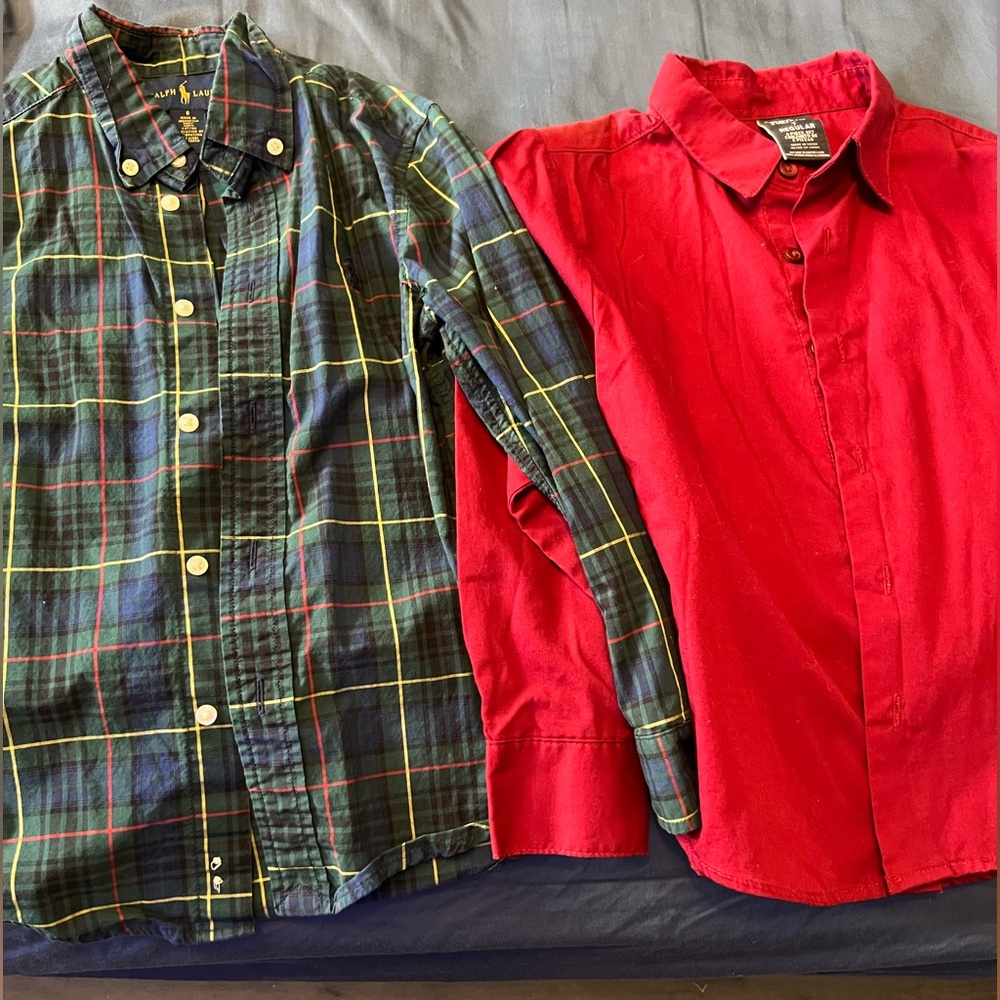 Ralph Lauren Green Tartan Plaid Shirt & Perry Ellis Red Button-Down